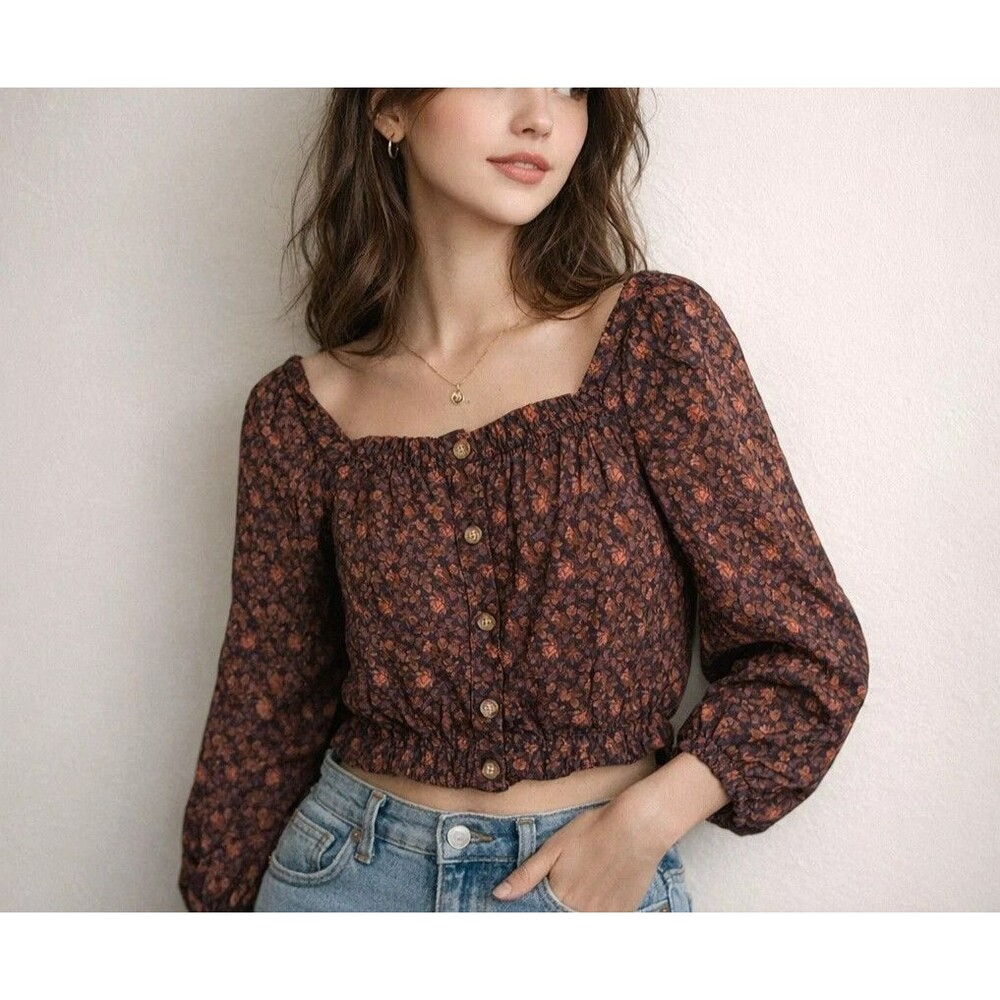 Madewell Puff Sleeve Button Front Crop Top Orchard Floral Prairie Blouse M